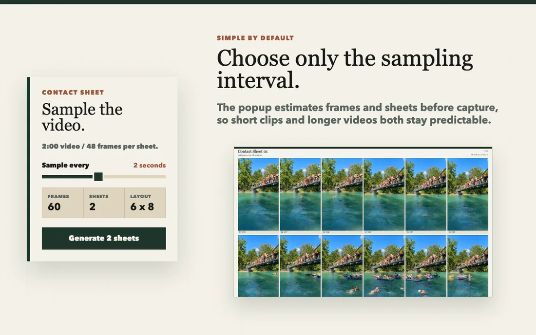 Contact Sheet Maker sampling controls and estimate